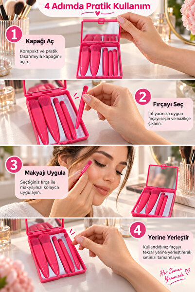 MUJGAN Profesyonel Taşınabilir Aynalı Makyaj Fırça Seti Koyu Pembe