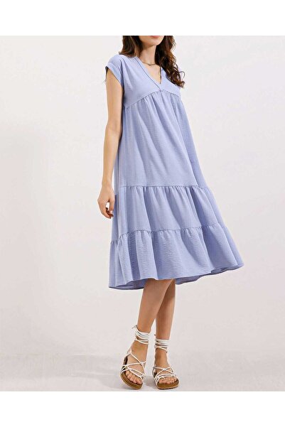 Modamorfo 2398 v-neck ruffled dress - blue