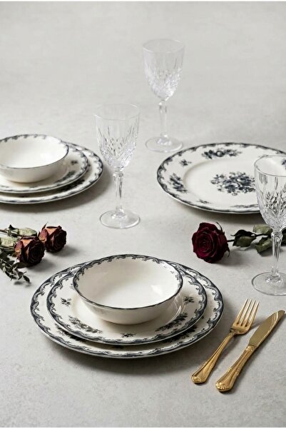 Tulu Porselen Black Rose 24 Parça 6 Kişilik Yemek Takımı