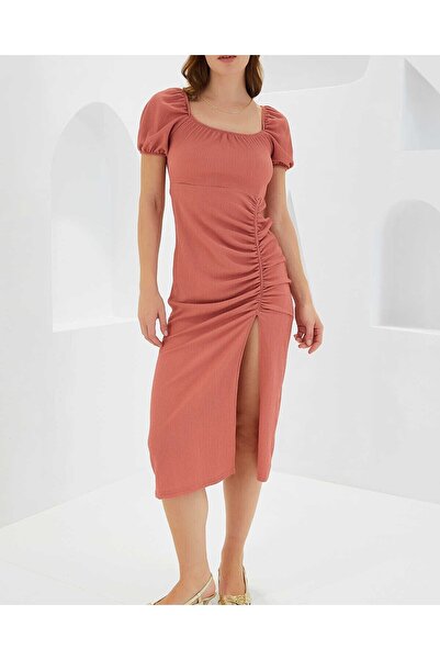 Modamorfo Women's Dusty Rose Slit Summer Knitted Dress 2396
