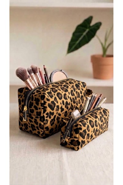 RONYA LEATHER Viral Leopard Pattern 2-Piece Makeup & Pen Holder Set