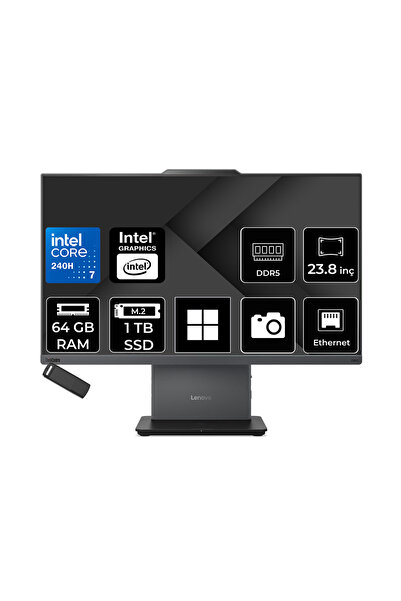 LENOVO ThinkCentre Neo 50A Gen 5 Intel Core 7 240H 64GB RAM 1TB SSD 23.8" FHD 99% sRGB Win11 Home 12SC003YTRP383 Luna Grey All In One Bilgisayar + PER4 USB Bellek