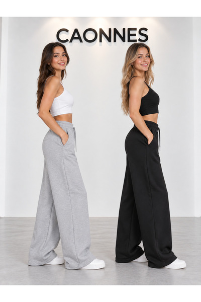 BEAXES Kışlık Şardonlu 2'li Kadın Eşofman Altı (Siyah-Gri) Oversize Baggy Sal...