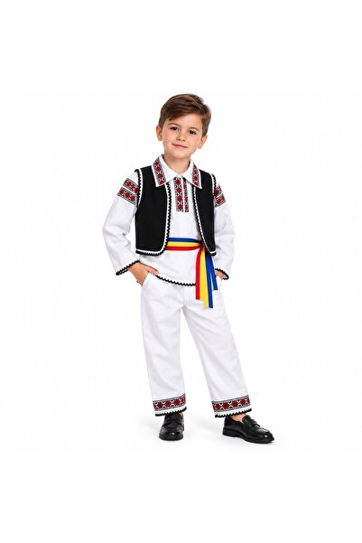 Generic Traditional Costume for Boys, 4 Pieces, Embroidered Blouse, Black Ves...