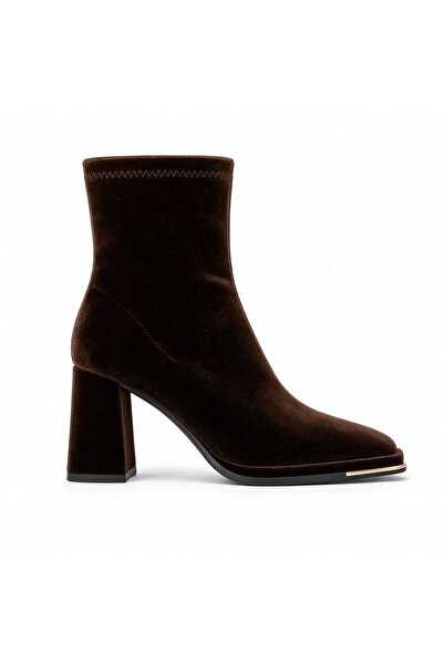 Guja Kemal Aygün-Guja Velvet Square Toe Block Heeled Women's Boots – Gold Det...
