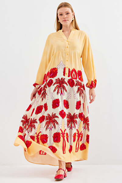 Modamorfo Women's Yellow Red Viscose Hijab Dress 2423