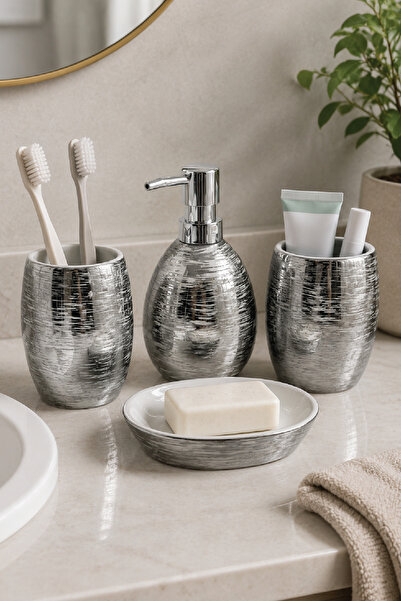 renkliürün 4 Parça Dekoratif Seramik Banyo Seti Silver Desenli G16
