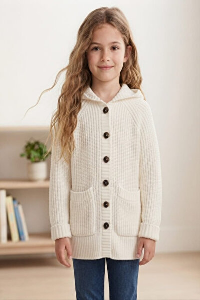 Meriç bebe Girl's Hooded Seamless Long Buttoned Knitwear Cardigan with Pockets