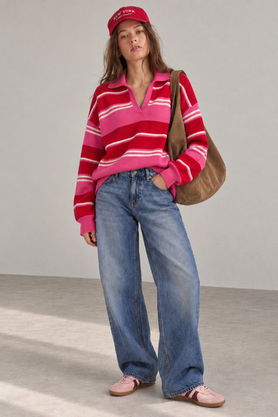 Manche Pink Red Striped Polo Collar Women's Knit Sweater |   Mkw5311891-1