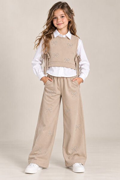HELMİRA Girl's 3-Piece Set - Shirt, Sweater, and Stoned Wide-Leg Pants with P...