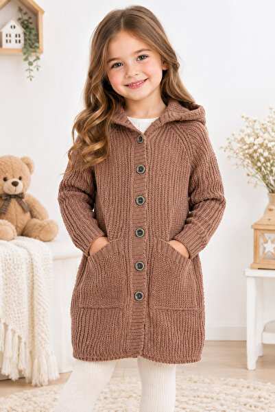 Meriç bebe كارديجان تريكو طويل بدون خياطة بأزرار وجيوب وغطاء رأس للفتيات