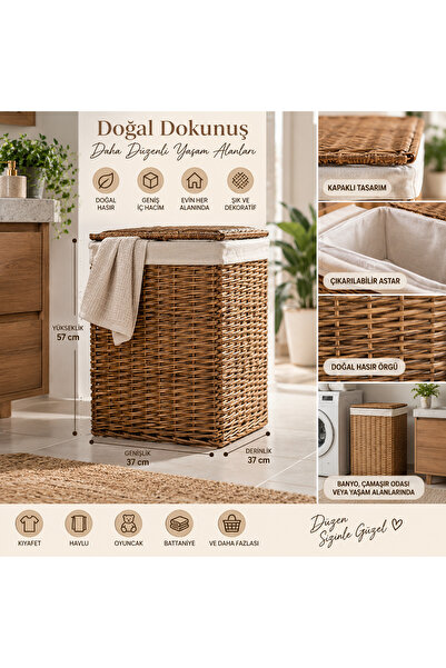 PASDO Hasır Çamaşır Sepeti Kapaklı Büyük Boy Örgü Kirli Çamaşır Sepeti Banyo ...