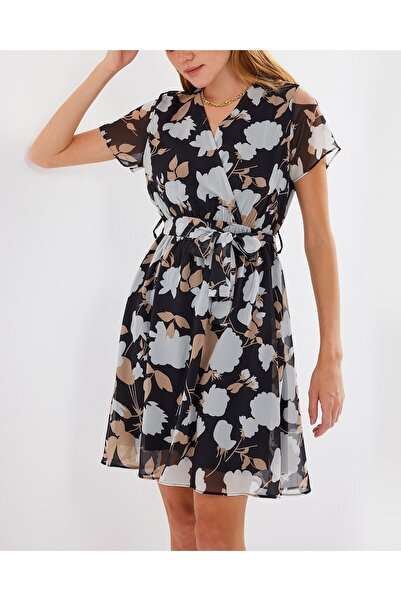 Modamorfo 2502 Short Sleeve Patterned Chiffon Dress - A.Black
