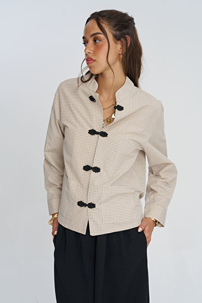 Orfeo Negro Women's Judge Collar Chinese Buttoned Checkered Shirt