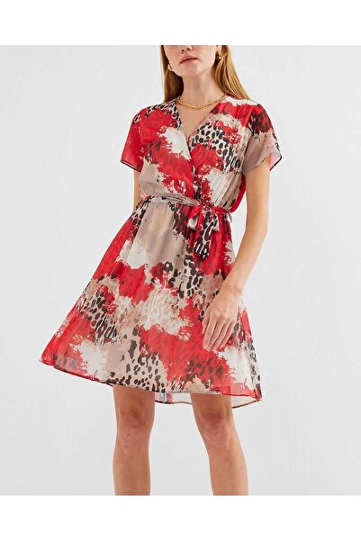 Modamorfo 2502 Short Sleeve Patterned Chiffon Dress - Red