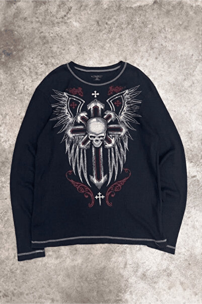 BALİNA Siyah Gotik Skull Cross Motifli Dikiş Detaylı Y2K Unisex Sweatshirt