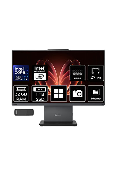 ThinkCentre Neo 50A Gen 5 Intel Core 7 240H 32GB RAM 1TB SSD 27" FHD 99% sRGB 300nits Win11 Home 12SA0028TRP368 Luna Grey All In One Bilgisayar + PER4 USB Bellek