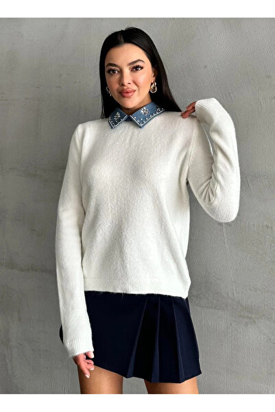 My Blog Bone Color Polo Collar Sweater with Accessories - 2Y241145