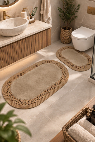 MaVaux Nerissa 2'li Peluşlu Banyo Paspas Seti Yuvarlak ve Oval Paspas Takımla...