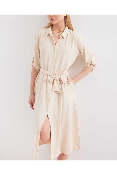 Modamorfo 2442 Belted Shirt Dress - Cream