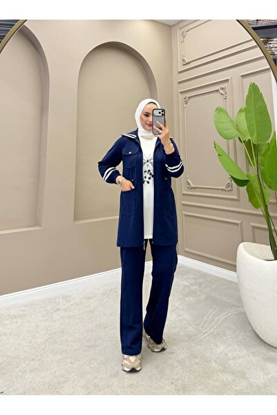 moda4b طقم بدلة رياضية نسائية من 3 قطع - طقم مكون من قطعتين بتصميم طويل مع جي...