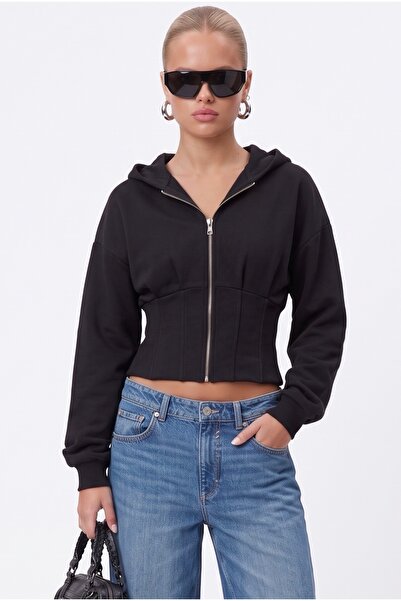 Ritnice Women's Novis Slim Fit Black Hooded Sweatshirt with Elastic Waist