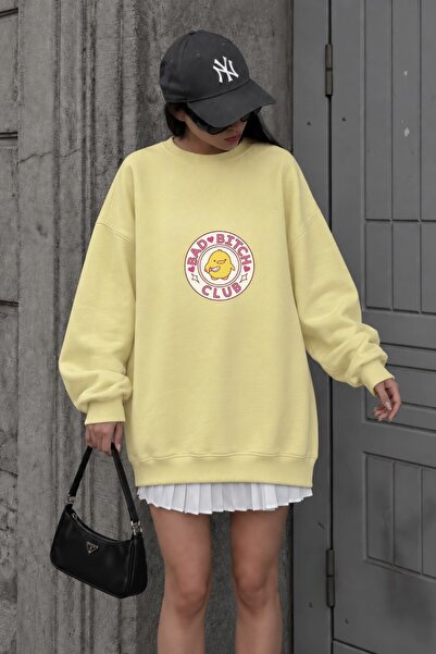 The Champ Clothing Women's Oversize Sweatshirt Dress Bad Club Printed Yellow – Crew Neck, 3 Thread Raster Fleece