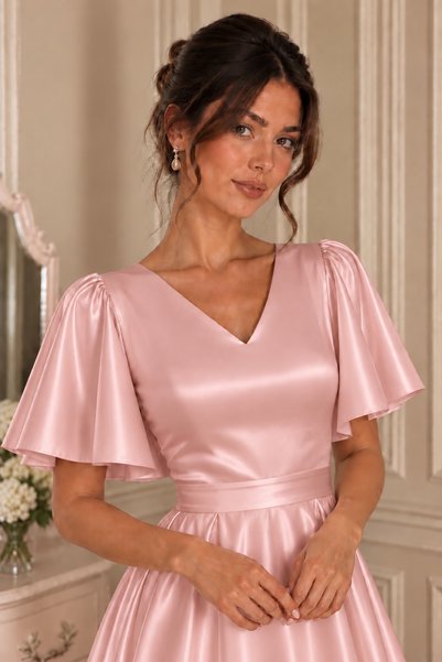 BEYZATURAN Women's Powder Pink Satin Dress – V-Neck Short Sleeve Flared Cut Midi Event Dress