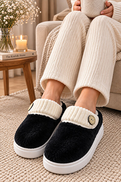 EBRUTESETTÜR Button Detailed Furry Plush House Slippers Black
