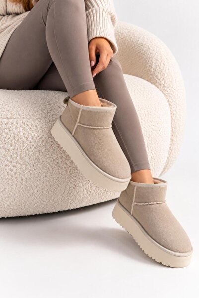 ModaMert Women's Beige Suede Wool Inside Thick Sole Boots