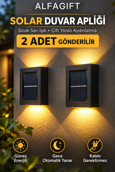 ALFAGİFT 2 Adet Solar Güneş Enerjili LED Duvar Apliği Çift Yönlü Sıcak Sarı Işık Balkon Bahçe Aydınlatma Lambası