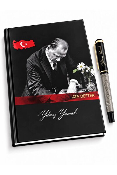 Halk Kitabevi Kişiye Özel Öğretmenler Gününe Özel 17x24 Atatürk Ciltli Defter Tarihsiz ve 661-R Kabartma Figürlü Metal Roller Kalem