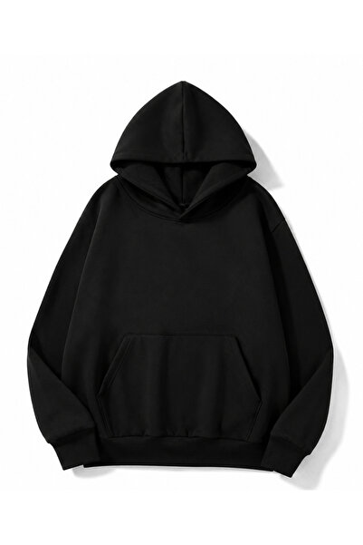 MOONBULL Unisex Kuru Kafa Taş Sırt Baskılı Kışlık 3 İplik Kanguru Cepli Kapüşonlu Oversize Sweatshirt