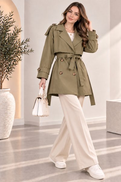 VıoShıne Women's Double-Breasted Collar Belted Pocketed Lined Short Trench Coat