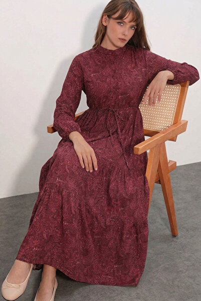 Modamorfo Women's Patterned Long Hijab Dress 2586 - Burgundy