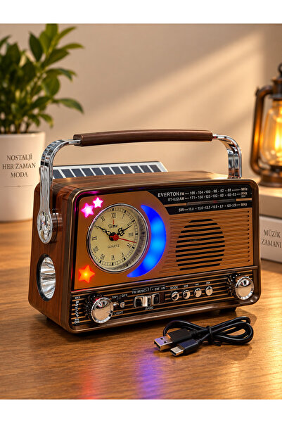 BLOMSTER Everton RT-622 Nostaljik Radyo Solar Panelli Şarjlı Fenerli Saatli F...