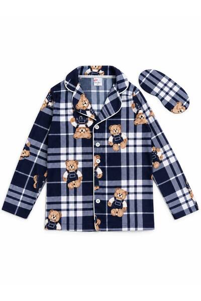 Fil Kids Family Pajama Set Mother Father Kids Cotton Suede Fabric Plaid Teddy Bear Pattern Blue White Winter Pajama Set with Sleep Band