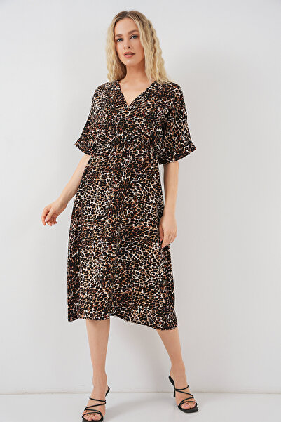 Modamorfo Women's Patterned Short Sleeve Dress 2569 - C. Brown