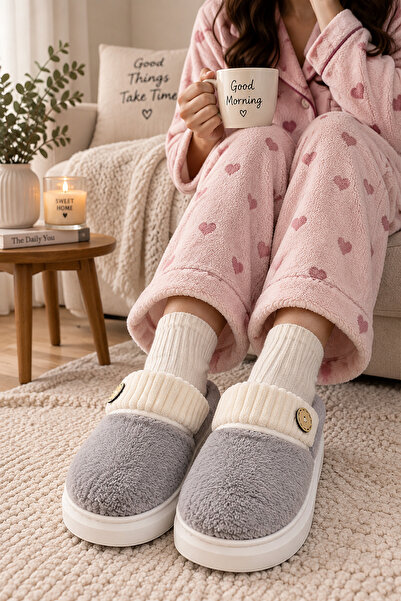 EBRUTESETTÜR Button Detailed Furry Plush House Slippers Gray