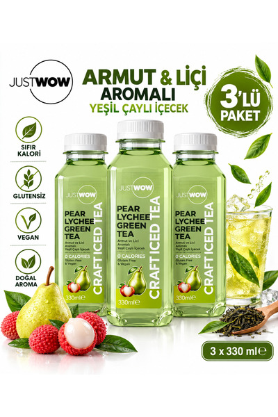 JUST WOW JUSTWOW Armut & Liçi Aromalı Yeşil Çaylı İçecek – 3 x 330 ml