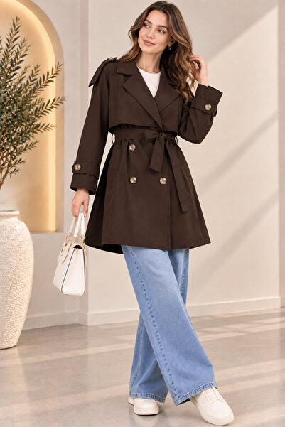 VıoShıne Women's Double-Breasted Collar Belted Pocketed Lined Short Trench Coat