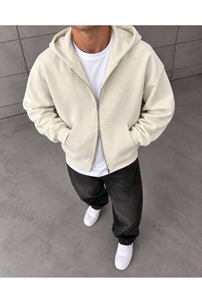 Genel Markalar Erkek Oversize Fermuarlı Kapüşonlu Sweatshirt - Çift Yönlü Fer...