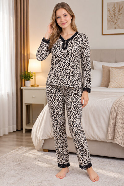 ZAVIXO Kadın Leopar Desenli Dantel Detaylı Pijama Takımı – Uzun Kollu 2'li Takım