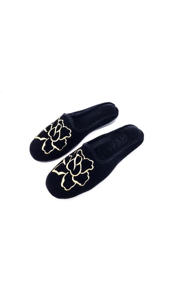 Seçkin Women's House Slippers with Rose Embroidery, Winter Indoor Soft Comfortable Slippers, Dowry Guest Slippers