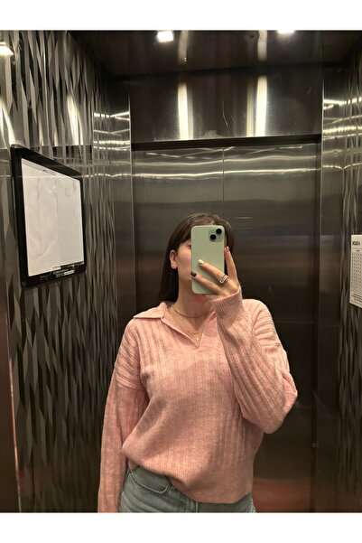Kadın Polo Yaka V Yaka Fitilli Oversize Triko Kazak
