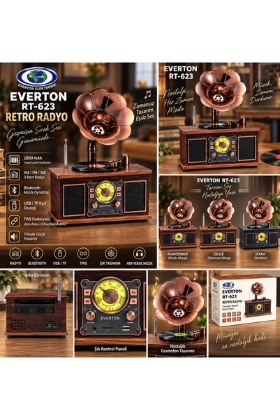 BLOMSTER Everton RT-623 Retro Radyo Gramofon Tasarımlı Bluetooth USB TF Kart 3 Bant AM FM SW Ahşap Renk