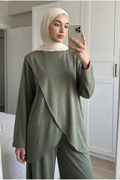 Kirazca Butik Kadın Asimetrik Kruvaze Tunik Bol Paça Pantolon İkili Takım