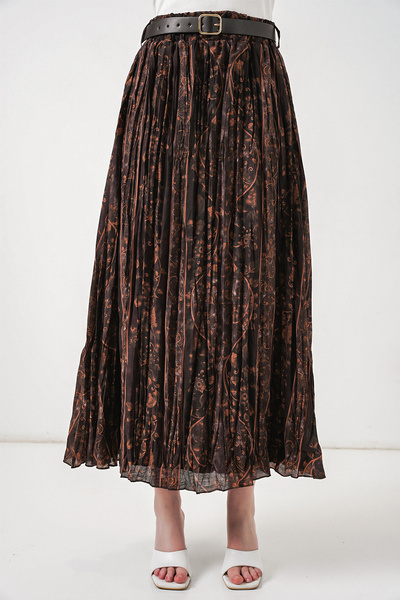 Modamorfo Women's Belted Patterned Skirt 8074 - Brown