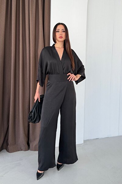 Serica Moda Siyah Kruvaze Kuşaklı Geniş Kollu Tulum