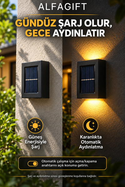 ALFAGİFT 2 Adet Solar Güneş Enerjili LED Duvar Apliği Çift Yönlü Sıcak Sarı Işık Balkon Bahçe Aydınlatma Lambası
